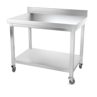 Table inox 1000 x 600 mm adossée avec renfort sur roulettes / GOLDINOX Table inox 1000 x 600 mm adossée avec renfort sur roulettes / GOLDINOX
