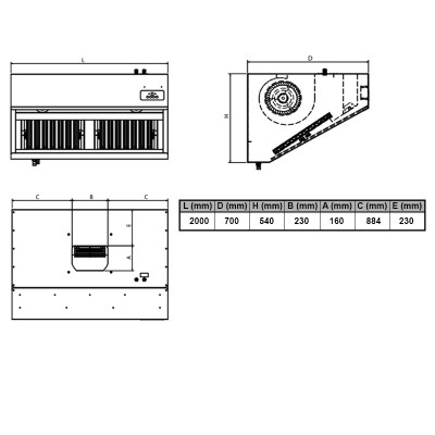 Hotte murale 2000 x 700 x 540 mm avec moteur, variateur, éclairage, filtre et robinet de vidange / GOLDINOX Hotte murale 2000 x 700 x 540 mm avec moteur, variateur, éclairage, filtre et robinet de vidange / GOLDINOX