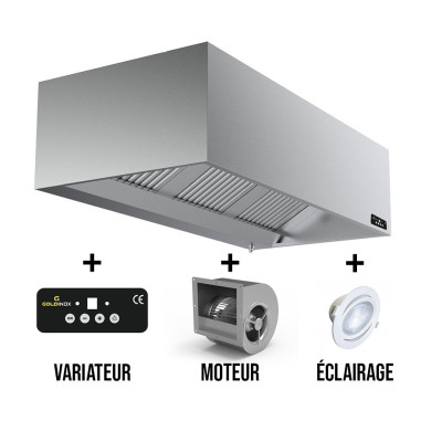 Hotte caisson 2000 x 950 x 520 mm avec moteur, variateur, éclairage, filtre et robinet de vidange / GOLDINOX Hotte caisson 2000 x 950 x 520 mm avec moteur, variateur, éclairage, filtre et robinet de vidange / GOLDINOX