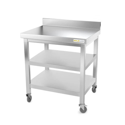 Table inox 800 x 700 mm adossée avec 2 étagères sur roulettes / GOLDINOX Table inox 800 x 700 mm adossée avec 2 étagères sur roulettes / GOLDINOX