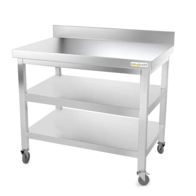 Table inox 1000 x 700 mm adossée avec 2 étagères sur roulettes / GOLDINOX Table inox 1000 x 700 mm adossée avec 2 étagères sur roulettes / GOLDINOX
