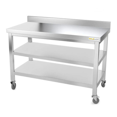 Table inox 1600 x 700 mm adossée avec 2 étagères sur roulettes / GOLDINOX Table inox 1600 x 700 mm adossée avec 2 étagères sur roulettes / GOLDINOX