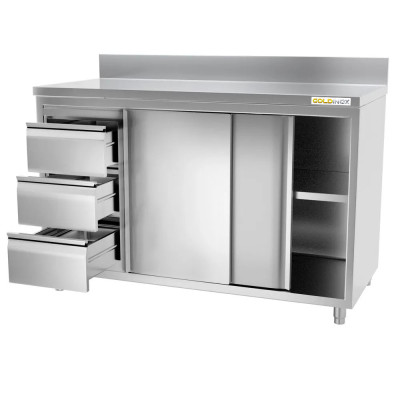 Meuble bas inox 2000 x 700 mm adossée avec 3 tiroirs gauche PREMIUM / GOLDINOX Meuble bas inox 2000 x 700 mm adossée avec 3 tiroirs gauche PREMIUM / GOLDINOX