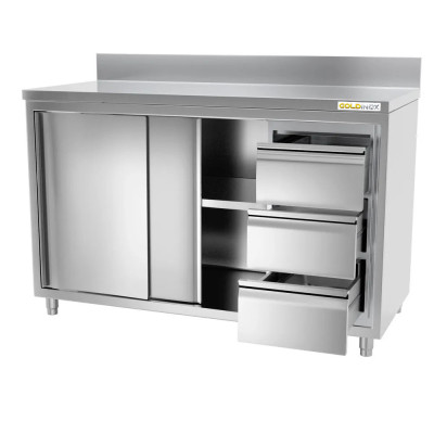 Meuble bas inox 2000 x 700 mm adossée avec 3 tiroirs droit PREMIUM / GOLDINOX Meuble bas inox 2000 x 700 mm adossée avec 3 tiroirs droit PREMIUM / GOLDINOX
