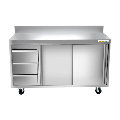 Meuble bas inox 2000 x 600 mm adossée avec 3 tiroirs gauche sur roulettes / GOLDINOX Meuble bas inox 2000 x 600 mm adossée avec 3 tiroirs gauche sur roulettes / GOLDINOX