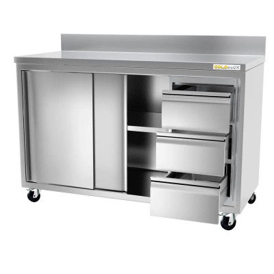 Meuble bas inox 2000 x 700 mm adossée avec 3 tiroirs droit sur roulettes / GOLDINOX Meuble bas inox 2000 x 700 mm adossée avec 3 tiroirs droit sur roulettes / GOLDINOX