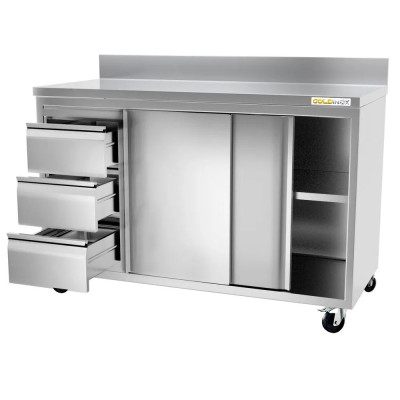 Meuble bas inox 2000 x 700 mm adossée avec 3 tiroirs gauche sur roulettes / GOLDINOX Meuble bas inox 2000 x 700 mm adossée avec 3 tiroirs gauche sur roulettes / GOLDINOX