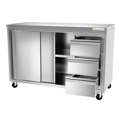 Meuble bas inox 2000 x 600 mm avec 3 tiroirs droit sur roulettes / GOLDINOX Meuble bas inox 2000 x 600 mm avec 3 tiroirs droit sur roulettes / GOLDINOX