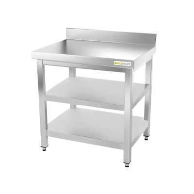 Table inox 800 x 800 mm adossée avec 2 étagères / GOLDINOX Table inox 800 x 800 mm adossée avec 2 étagères / GOLDINOX