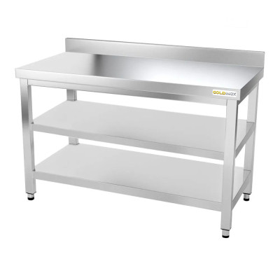 Table inox 1600 x 800 mm adossée avec 2 étagères / GOLDINOX Table inox 1600 x 800 mm adossée avec 2 étagères / GOLDINOX