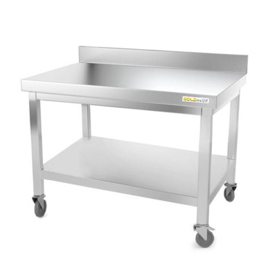 Table inox soubassement 1200 x 800 mm adossée avec renfort sur roulettes / GOLDINOX Table inox soubassement 1200 x 800 mm adossée avec renfort sur roulettes / GOLDINOX