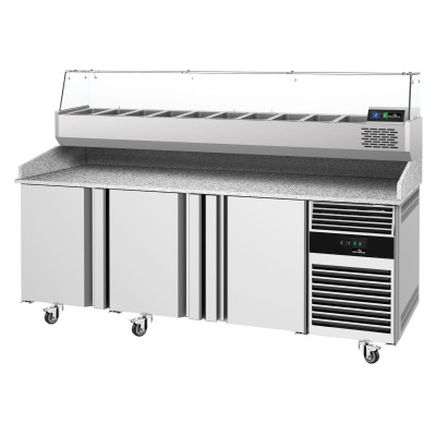 Meuble à pizza réfrigéré avec granit 3 portes + vitrine réfrigérée - GOLDINOX Meuble à pizza réfrigéré avec granit 3 portes + vitrine réfrigérée - GOLDINOX