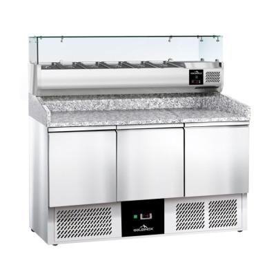 Meuble à pizza réfrigéré 3 portes compact avec vitrine à ingrédients (6x GN1/4) PREMIUM - GOLDINOX Meuble à pizza réfrigéré 3 portes compact avec vitrine à ingrédients (6x GN1/4) PREMIUM - GOLDINOX