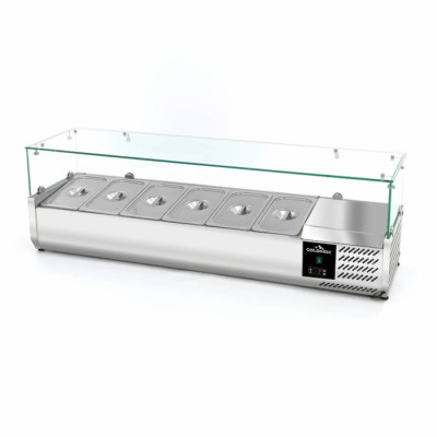 Meuble à pizza réfrigéré 3 portes compact avec vitrine à ingrédients (6x GN1/4) PREMIUM - GOLDINOX Meuble à pizza réfrigéré 3 portes compact avec vitrine à ingrédients (6x GN1/4) PREMIUM - GOLDINOX