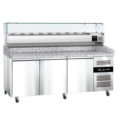 Meuble à pizza réfrigéré 3 portes tropicalisé avec vitrine ingrédients (9x GN1/3) PREMIUM - GOLDINOX Meuble à pizza réfrigéré 3 portes tropicalisé avec vitrine ingrédients (9x GN1/3) PREMIUM - GOLDINOX