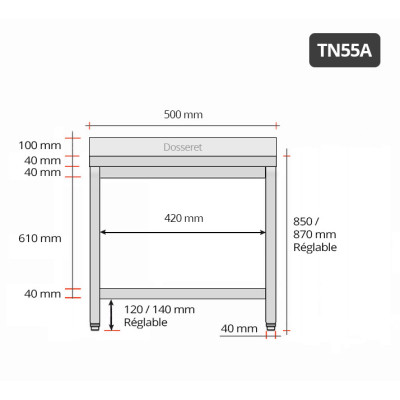 Table inox 500 x 500 mm adossée / GOLDINOX Table inox 500 x 500 mm adossée / GOLDINOX