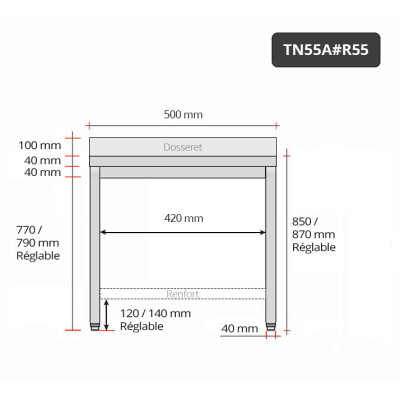 Table inox 500 x 500 mm adossée avec renfort / GOLDINOX Table inox 500 x 500 mm adossée avec renfort / GOLDINOX