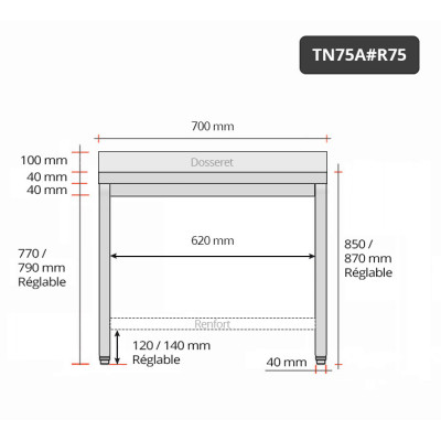 Table inox 700 x 500 mm adossée avec renfort / GOLDINOX Table inox 700 x 500 mm adossée avec renfort / GOLDINOX