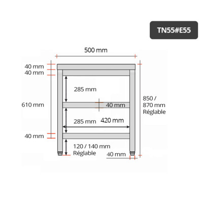 Table inox 500 x 500 mm avec 2 étagères / GOLDINOX Table inox 500 x 500 mm avec 2 étagères / GOLDINOX