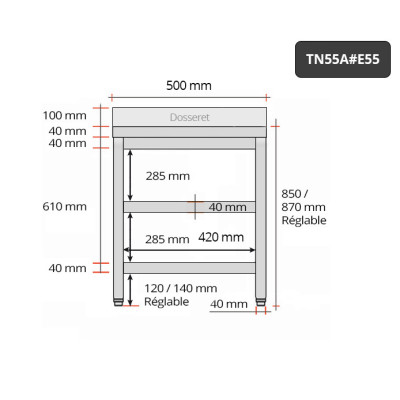 Table inox 500 x 500 mm adossée avec 2 étagères / GOLDINOX Table inox 500 x 500 mm adossée avec 2 étagères / GOLDINOX