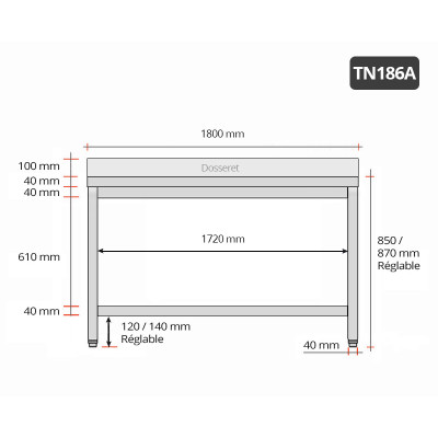 Table inox 1800 x 600 mm adossée PREMIUM / GOLDINOX Table inox 1800 x 600 mm adossée PREMIUM / GOLDINOX