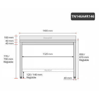 Table inox 1400 x 600 mm adossée avec renfort PREMIUM / GOLDINOX Table inox 1400 x 600 mm adossée avec renfort PREMIUM / GOLDINOX