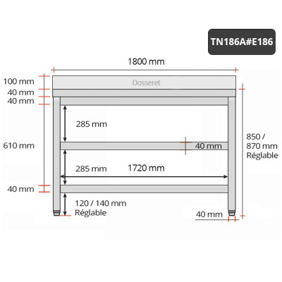 Table inox 1800 x 600 mm adossée avec 2 étagères / GOLDINOX Table inox 1800 x 600 mm adossée avec 2 étagères / GOLDINOX