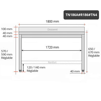 Table inox soubassement 1800 x 600 mm adossée avec renfort / GOLDINOX Table inox soubassement 1800 x 600 mm adossée avec renfort / GOLDINOX