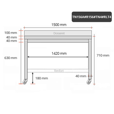 Table inox soubassement 1500 x 600 mm adossée avec renfort sur roulettes / GOLDINOX Table inox soubassement 1500 x 600 mm adossée avec renfort sur roulettes / GOLDINOX