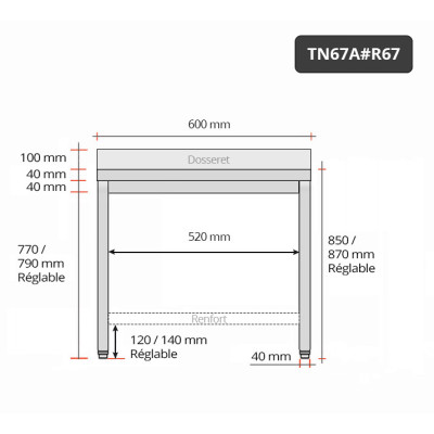 Table inox 600 x 700 mm adossée avec renfort / GOLDINOX Table inox 600 x 700 mm adossée avec renfort / GOLDINOX