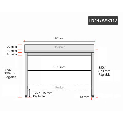 Table inox 1400 x 700 mm adossée avec renfort / GOLDINOX Table inox 1400 x 700 mm adossée avec renfort / GOLDINOX