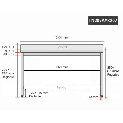 Table inox 2000 x 700 mm adossée avec renfort / GOLDINOX Table inox 2000 x 700 mm adossée avec renfort / GOLDINOX