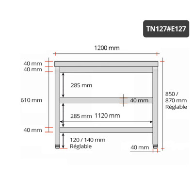 Table inox 1200 x 700 mm avec 2 étagères / GOLDINOX Table inox 1200 x 700 mm avec 2 étagères / GOLDINOX