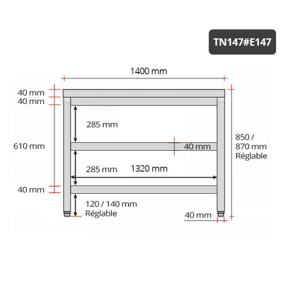 Table inox 1400 x 700 mm avec 2 étagères / GOLDINOX Table inox 1400 x 700 mm avec 2 étagères / GOLDINOX