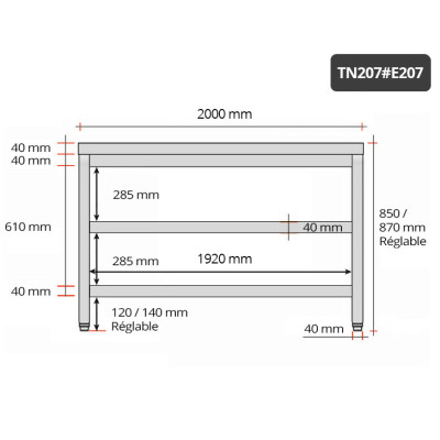Table inox 2000 x 700 mm avec 2 étagères / GOLDINOX Table inox 2000 x 700 mm avec 2 étagères / GOLDINOX