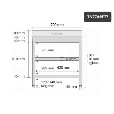 Table inox 700 x 700 mm adossée avec 2 étagères / GOLDINOX Table inox 700 x 700 mm adossée avec 2 étagères / GOLDINOX