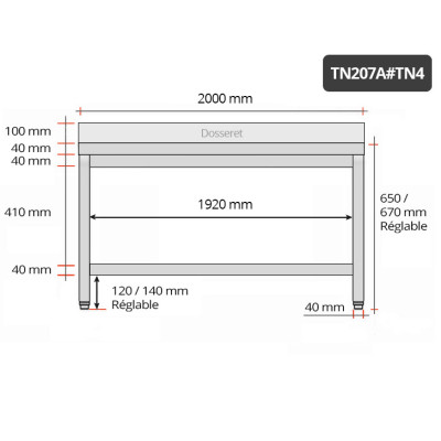 Table inox soubassement 2000 x 700 mm adossée / GOLDINOX Table inox soubassement 2000 x 700 mm adossée / GOLDINOX