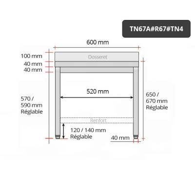Table inox soubassement 600 x 700 mm adossée avec renfort / GOLDINOX Table inox soubassement 600 x 700 mm adossée avec renfort / GOLDINOX