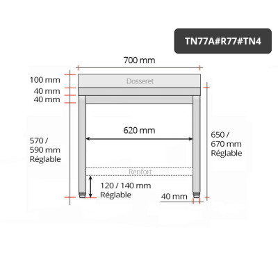Table inox soubassement 700 x 700 mm adossée avec renfort / GOLDINOX Table inox soubassement 700 x 700 mm adossée avec renfort / GOLDINOX