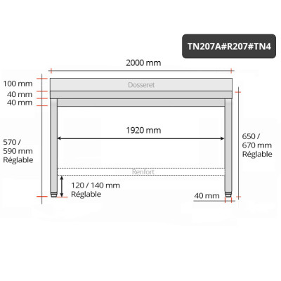 Table inox soubassement 2000 x 700 mm adossée avec renfort / GOLDINOX Table inox soubassement 2000 x 700 mm adossée avec renfort / GOLDINOX