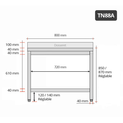 Table inox 800 x 800 mm adossée / GOLDINOX Table inox 800 x 800 mm adossée / GOLDINOX