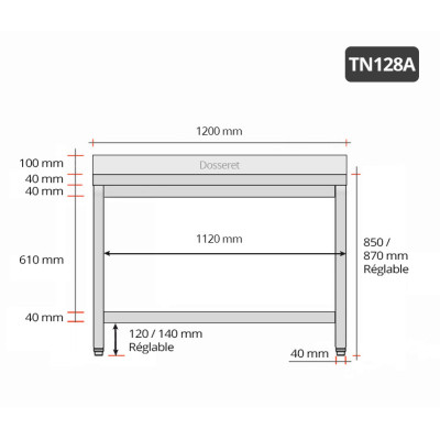 Table inox 1200 x 800 mm adossée / GOLDINOX Table inox 1200 x 800 mm adossée / GOLDINOX