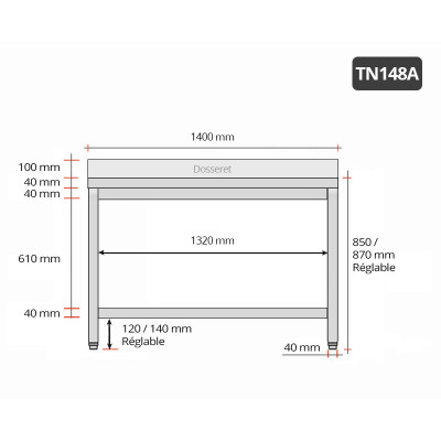 Table inox 1400 x 800 mm adossée / GOLDINOX Table inox 1400 x 800 mm adossée / GOLDINOX