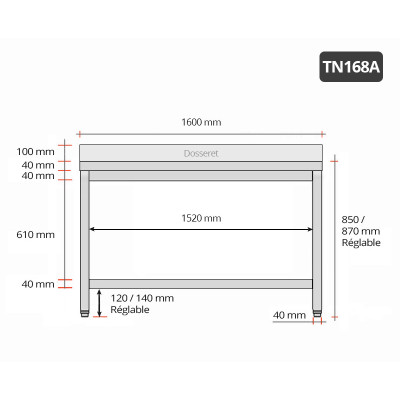 Table inox 1600 x 800 mm adossée / GOLDINOX Table inox 1600 x 800 mm adossée / GOLDINOX