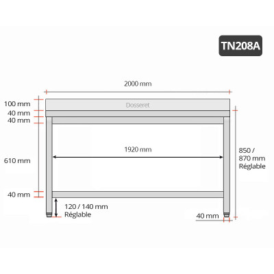 Table inox 2000 x 800 mm adossée / GOLDINOX Table inox 2000 x 800 mm adossée / GOLDINOX