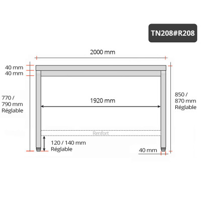 Table inox 2000 x 800 mm avec renfort / GOLDINOX Table inox 2000 x 800 mm avec renfort / GOLDINOX
