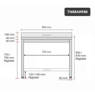 Table inox 800 x 800 mm adossée avec renfort / GOLDINOX Table inox 800 x 800 mm adossée avec renfort / GOLDINOX