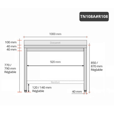 Table inox 1000 x 800 mm adossée avec renfort / GOLDINOX Table inox 1000 x 800 mm adossée avec renfort / GOLDINOX