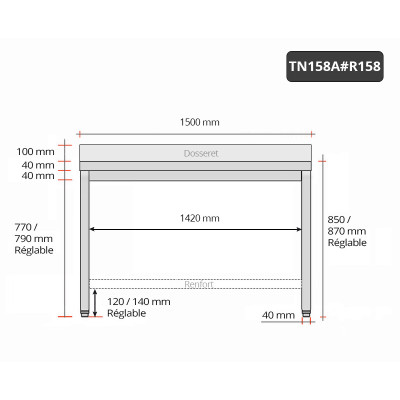 Table inox 1500 x 800 mm adossée avec renfort / GOLDINOX Table inox 1500 x 800 mm adossée avec renfort / GOLDINOX
