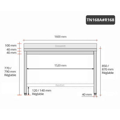 Table inox 1600 x 800 mm adossée avec renfort / GOLDINOX Table inox 1600 x 800 mm adossée avec renfort / GOLDINOX